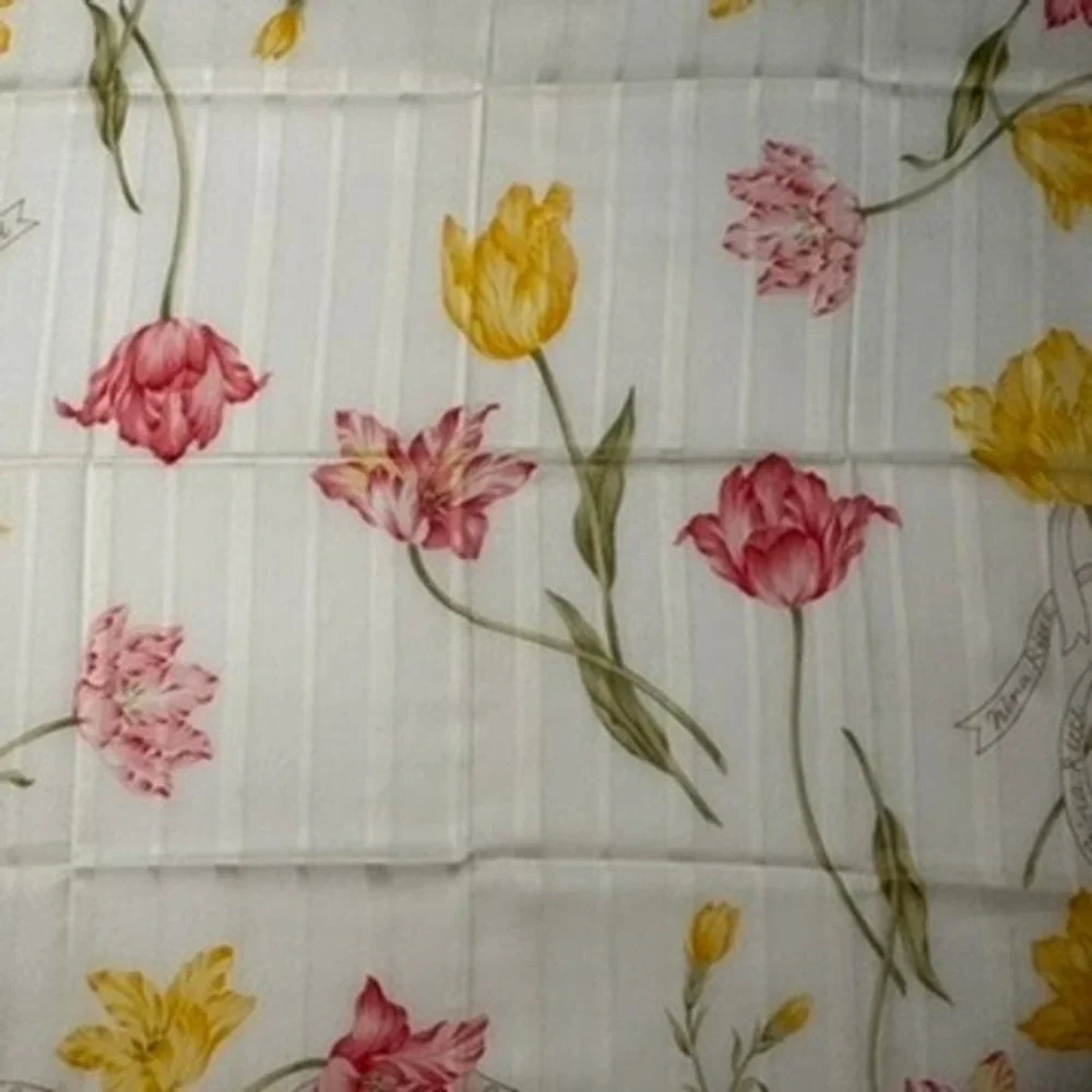 Vtg NINA RICCI Scarf Handkerchief Tulip Floral Cotton Yellow Pink 18.5
